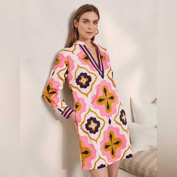 Boden Notch Neck Pink Geometric Moroccan Patterned Mini Shift Dress